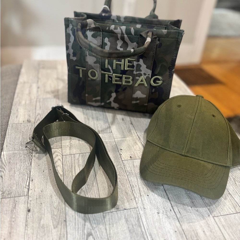 Camouflage Inspired Tote Bag with free matching Olive Cap. New with tags.